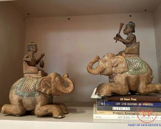 Hand Carved Indian Figural Man on Elephant Sculptures