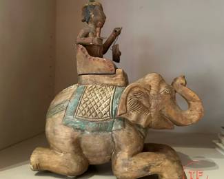 Hand Carved Indian Figural Man on Elephant Sculptures