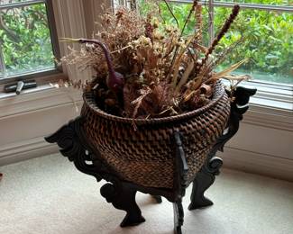 Chinese Hand-Woven Rattan and Bamboo Basket on Carved Stand