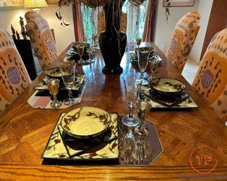 Vintage Dining Room Table with Parquet Style Inlay Married with Century Dining Room Chairs