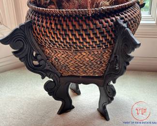 Chinese Hand-Woven Rattan and Bamboo Basket on Carved Stand