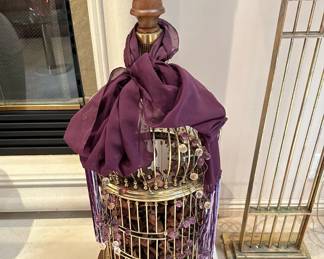 Vintage Brass Decorative Bird Cage on Wood Base