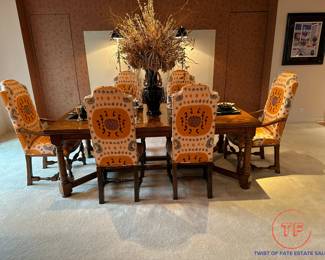 Vintage Dining Room Table with Parquet Style Inlay Married with Century Dining Room Chairs