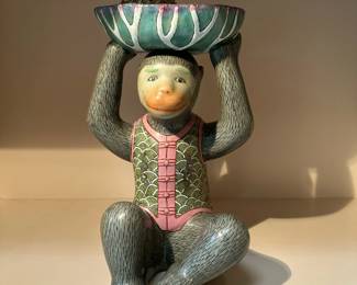 Hand Painted Chinese Monkey with Lotus Leaf Dish