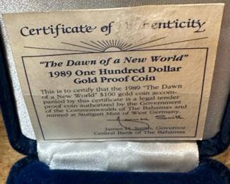 1989 GOLD $100 Proof Coin "The Dawn of a New World"