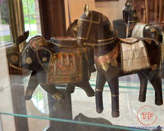 Wood Carved Horse and Elephant with Metal and Bone Inlay