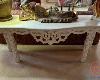 Custom Hand Carved Console Table with Travertine Tile Top