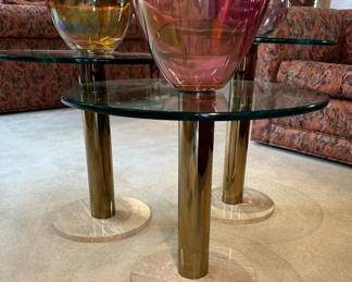 1970's Italian PACE Collection Brass, Glass and Marble Based Side Tables