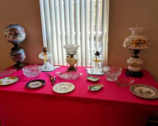 Collection of Antique Lamps and glassware.