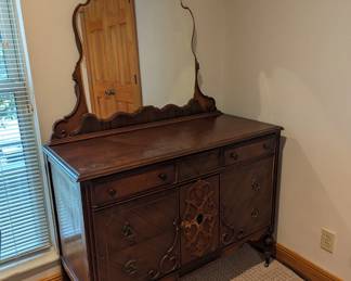Dresser with Gorgeous Beveled Mirror - $400 - 46" wide, 20" deep, 35" to top of dresser, 70" to top of mirror. This piece is on casters for easy moving!