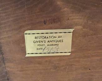 Tag on back of Buffet shows that it was restored in Foley, Alabama.