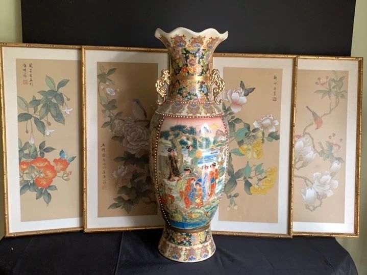 Japanese Fluted Floor Vase Framed Japanese Silk Screens