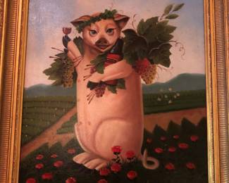 Pig painting oil on canvas, signed K. Haris