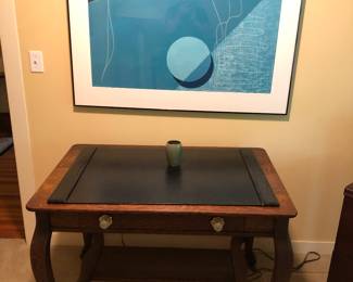 Antique oak desk and Thomas Salomon art work