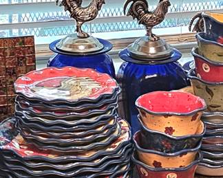 Several rooster inspired dish sets
