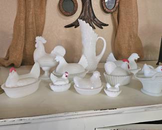 Milk glass roosters and chickens