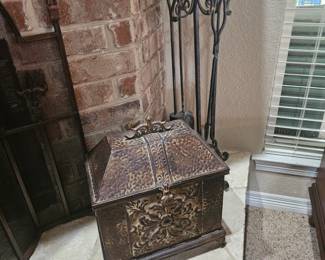 metal storage and fireplace tools