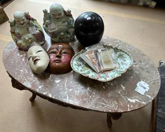 Vintage French Style Coffee Table, Vintage Buddha Famille Rose Figure, Carved Masks