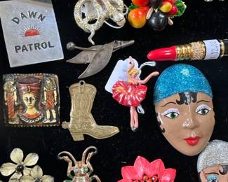 Vintage Cowboy Boot Pendant, KJL Lipstick Brooch, Vintage Flapper Lady Brooch, Vintage Insect Brooch