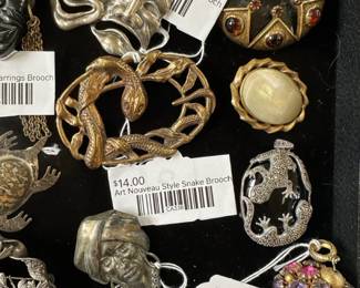  Art Nouveau Style Snake Brooch, Vtg. Sterling Repousse Brooch, Vtg. Sterling Theatre Faces Brooch