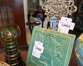 A 1992 Square Fox Pewabic Tile, A Brass Cherub Easel/Picture Holder