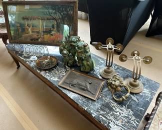 Vintage French Style Coffee Table, Dorothy Thorpe Lucite Letter Holder, Brass Lion Head Door Knocker,	Vintage Asian Style Brass Wall Sconce Pair