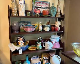 Vtg. Pyrex Butterprint Amish Set, Vtg. Staffordshire Dog Pitcher, Hall Pottery Pitcher, Blue Bristol Glass Vase