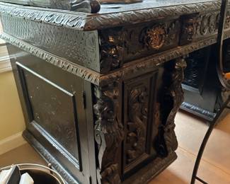 19th Century Carved Oak Leather Top Desk