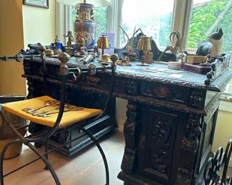 19th Century Carved Oak Leather Top Desk