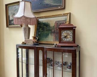 Queen Anne Style Display Cabinet, MCM Fratelli Mannelli Elephant, Strasbourg Manor Mantle Clock, Lenox Table Lamp