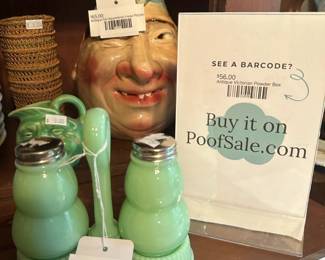 Antique Sarreguemines Head Pitcher, Mosser Glass Jadeite S&P Set