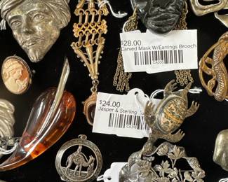 Carved Mask W/Earrings Brooch, Jasper & Sterling Turtle Brooch