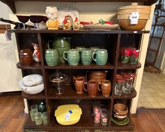 Antique Cook-Rite Batter Bowls, VTG Pyrex Hostess Casserole, VTG Cast Iron Bug Boot Scraper, Shawnee Pottery Owl Creamer, Beer Steins