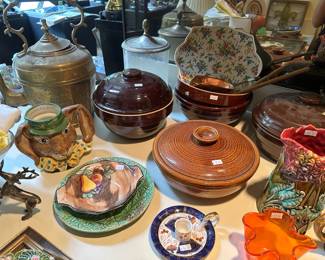 Rubel Casserole Dish, Mugs, Dishes, Majolica Tree Bark Pitcher