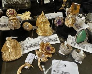 14k King Tut Pendant (BL), Sterling Richard Begay Style Ring, 18k King Tut Pendant (BL), 14k Double Banded Bracelet (BL), 14k & Diamond Turban Ring (BL)