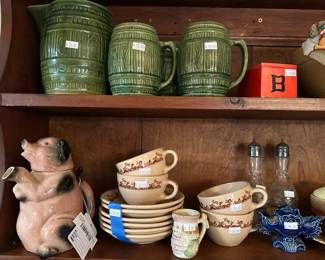 Erphila Germany Pig Jug/Teapot, Mayan Ware Mayer Tea Cup & Saucer Set, Beer Steins