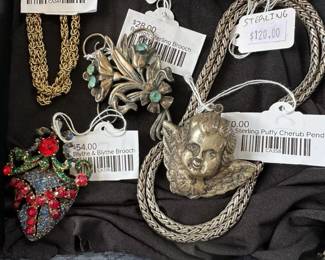 Vtg. Sterling Puffy Cherub Pendant, Raleigh Sterling Brooch, Blythe & Blythe Brooch