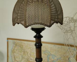 Table top cane lamp, with solid wood base.