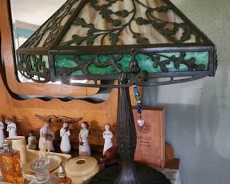 Slag glass lamp with metal overlay