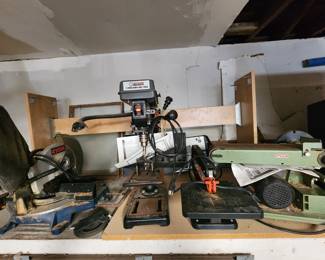 power tools: Ryobi mitre saw, drill press, band saw, belt sander