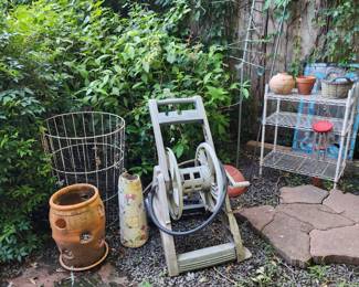 garden supplies, strawberry pot, hose holder, clay pots, decorative stones