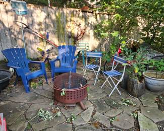 bottle tree, patio chairs, camp chairs, plants and planters