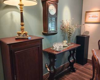 antique storage chest, antique pendulum clock, display or serving side table