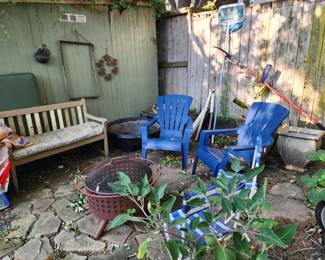 patio chairs, bench, fire pit, tree limb trimmer, large planters, fishpond ready to install
