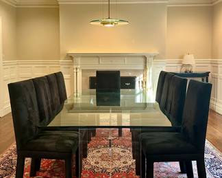 Glass & Acrylic Dining Table & (10) Upholstered Black Velvet Chairs