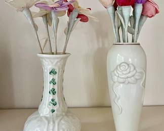 Belleek & Lenox Vases with Crepe Flowers