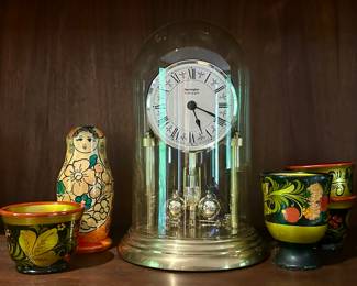 Remington Anniversary Clock, Nesting Doll & Hand Painted Russian Cups