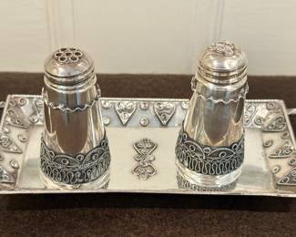 Sterling Salt & Pepper Set with Serving Tray