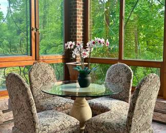 Travertine & Glass Table & (4) Century Chairs