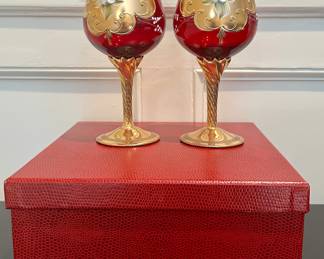 (2) Bohemian Ruby Red Wine Glasses